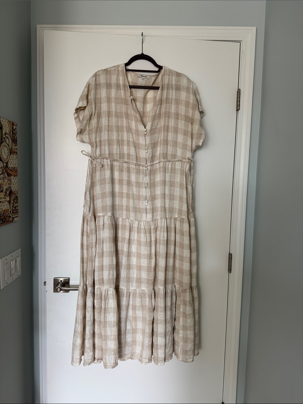 Madewell Beige Plaid Tiered Button-Front Maxi Dress